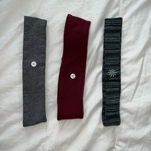 Lululemon headband (maroon + grey), Athleta headband (striped)